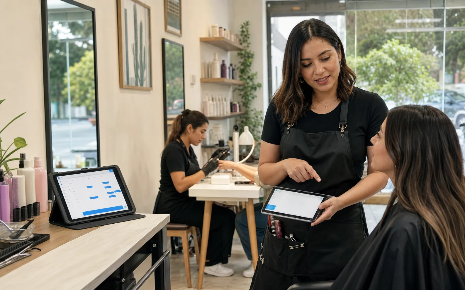 Salón de belleza usando una agenda digital para organizar citas de estilistas y servicios