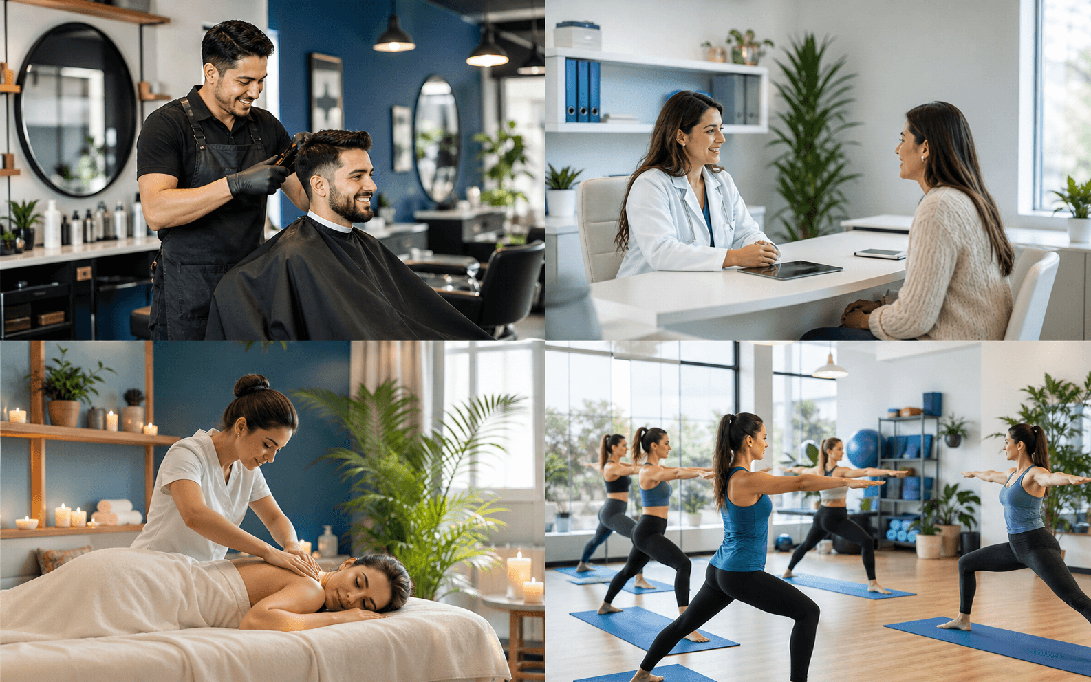 Collage de barbería, consultorio, spa y estudio fitness que usan agenda digital