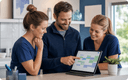 Equipo sonriendo al revisar citas confirmadas en una tablet