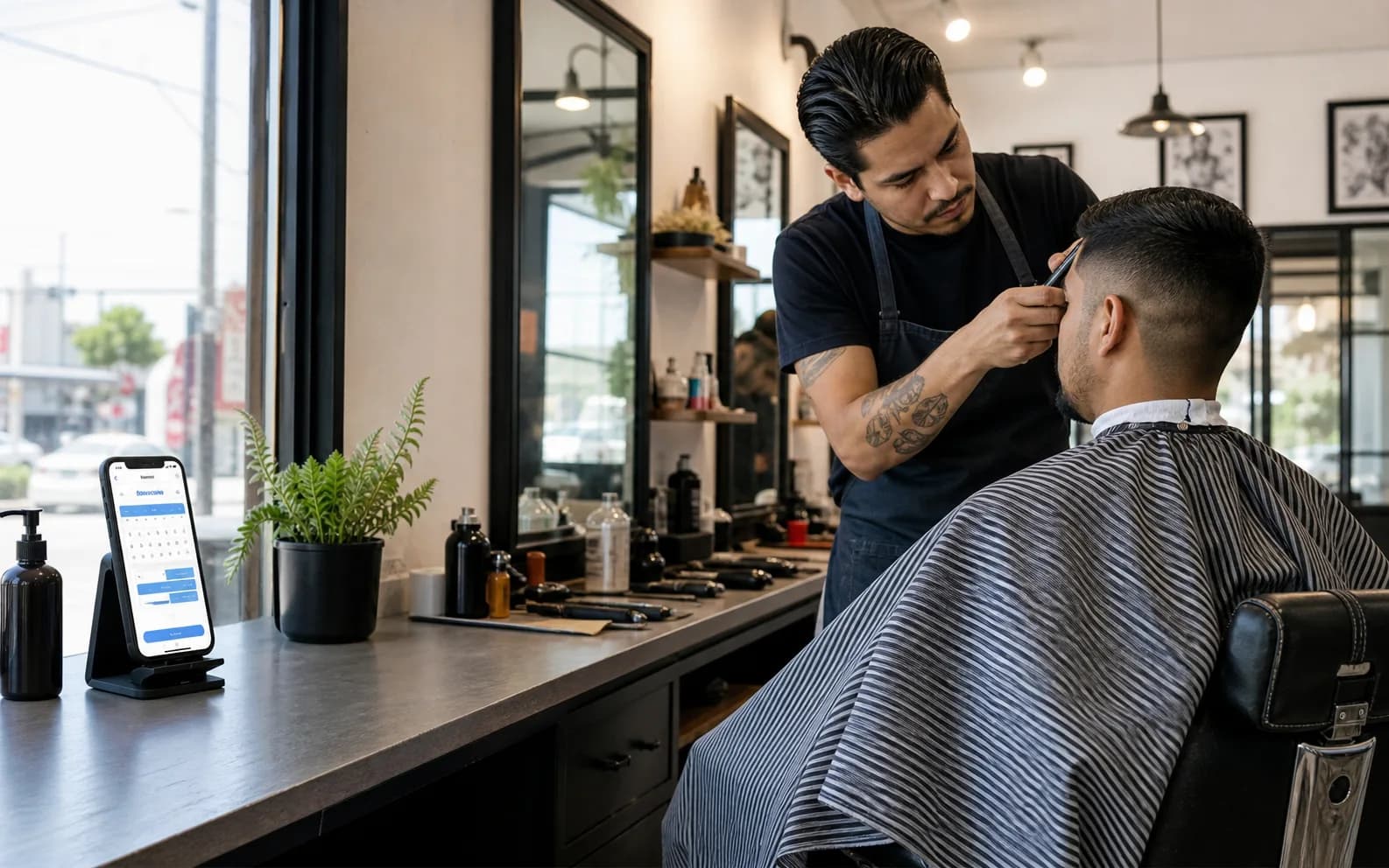 Barbero atendiendo a un cliente con una agenda de citas en línea visible en el mostrador