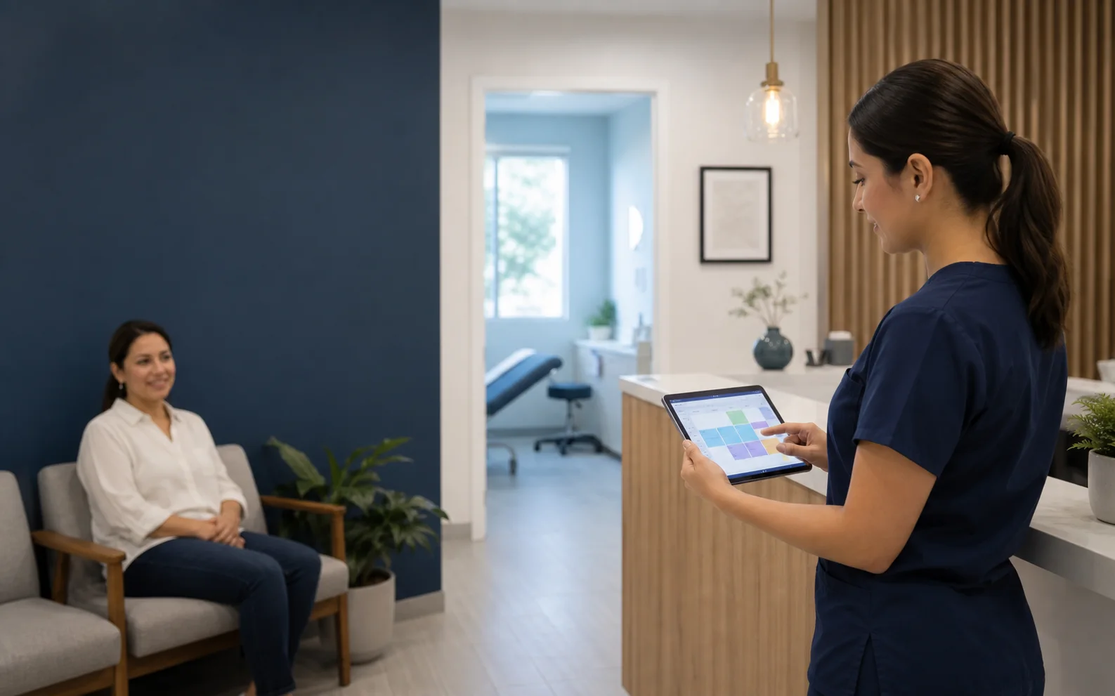 Recepcionista de clínica revisando citas médicas en una tablet mientras una paciente espera