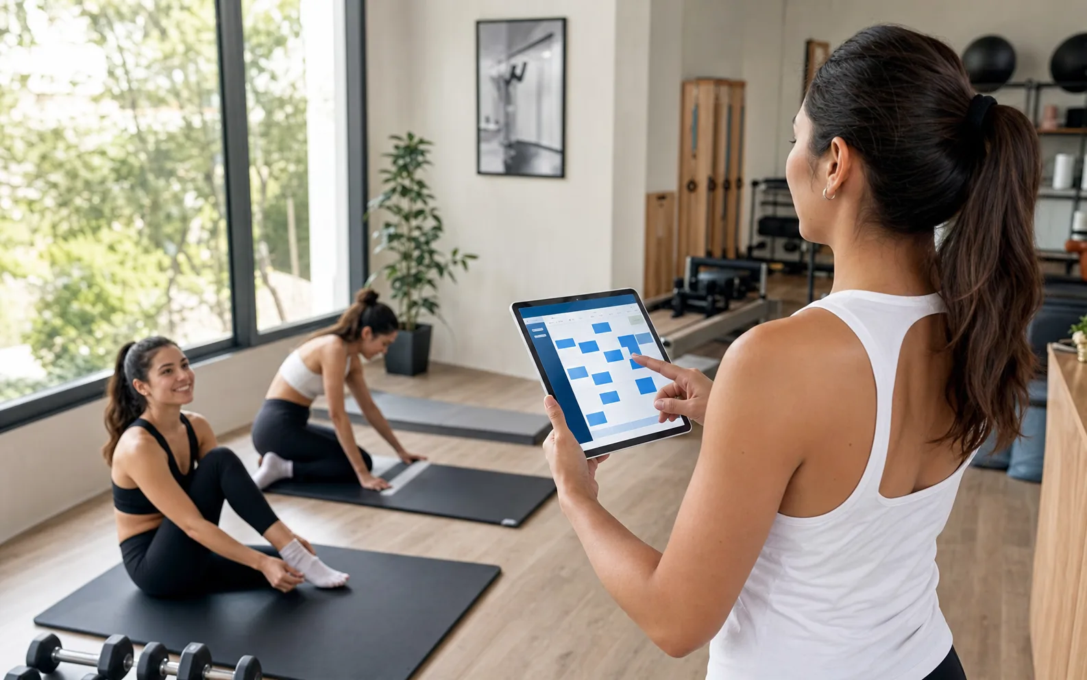 Instructora revisando una agenda digital de clases en un estudio fitness